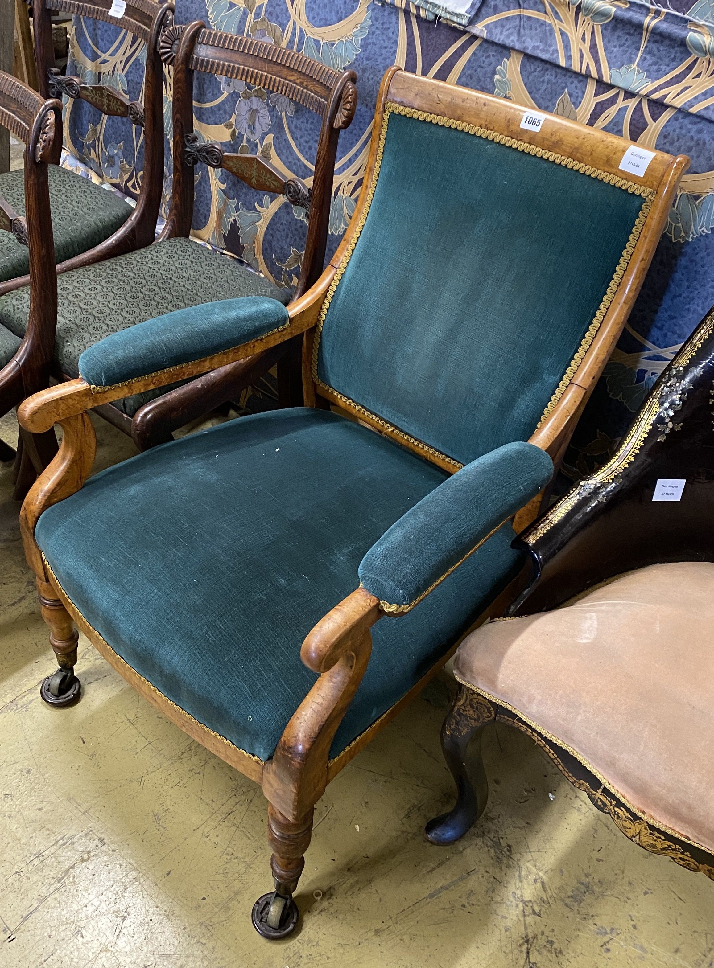 A Victorian maple upholstered open armchair, width 62cm, depth 60cm, height 85cm